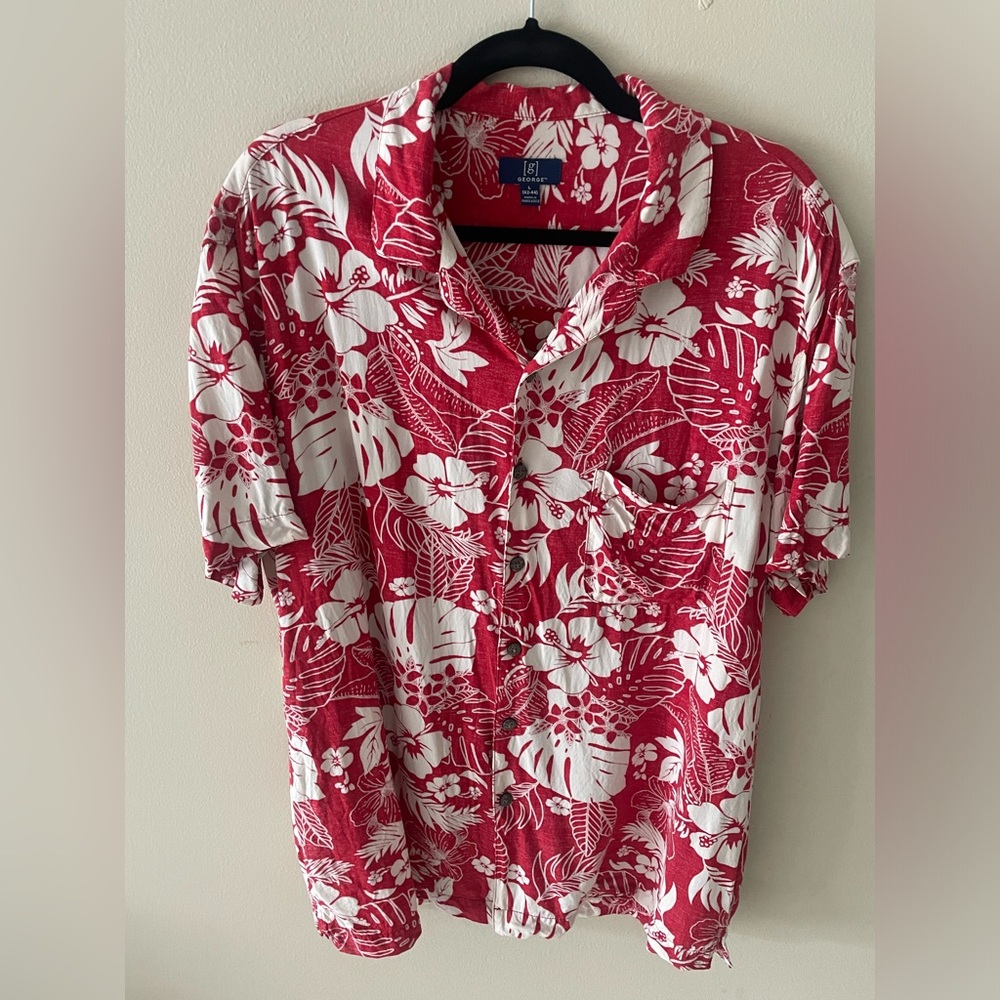George Men's Hawaiian Shirt Size L 42-44 Floral Hibiscus Palm